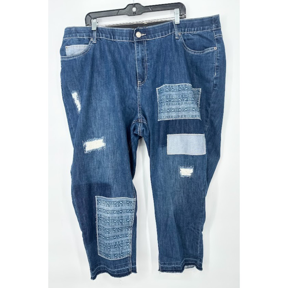 Catherines‎ Womens 24W Patch Patchwork Distressed Denim Raw Hem Jeans Cropped